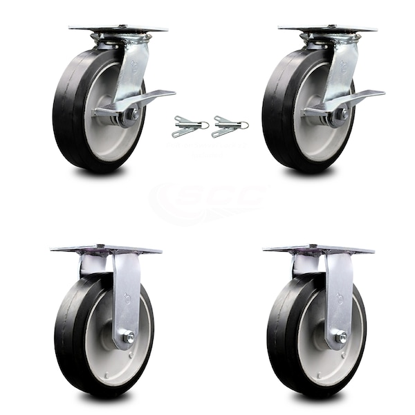 8 Inch Rubber on Aluminum Caster Brakes/Swivel Locks and 2 Rigid SCC, 2PK